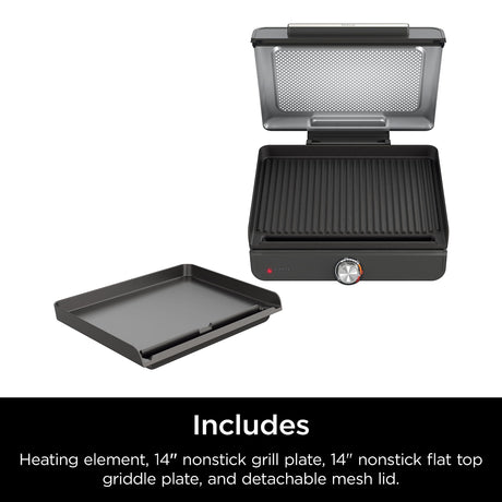 Ninja GR101 Sizzle Smokeless Indoor Grill & Griddle, 14'' Interchangeable Nonstick Plates, Dishwasher-Safe Removable Mesh Lid, 500F Max Heat, Even Edge-to-Edge Cooking, Grey/Silver